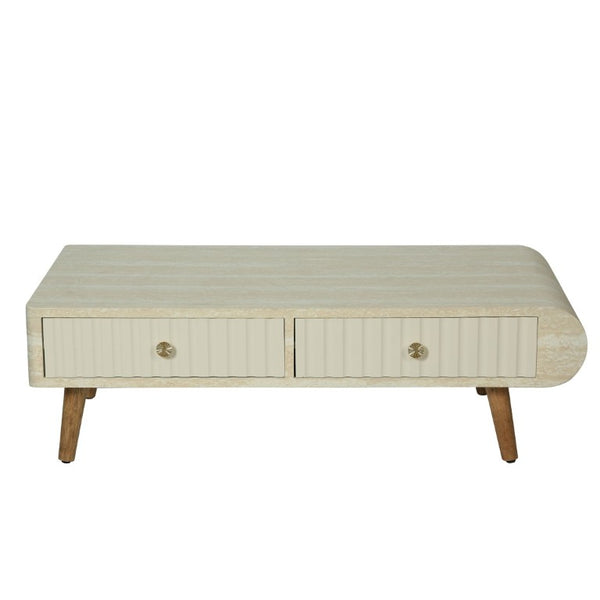 English Elm Coffee Table Faux Marble Top Fluted Drawer Solid Wood Legs Mid Century Living Room W3040P510483