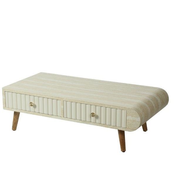 English Elm Coffee Table Faux Marble Top Fluted Drawer Solid Wood Legs Mid Century Living Room W3040P510483