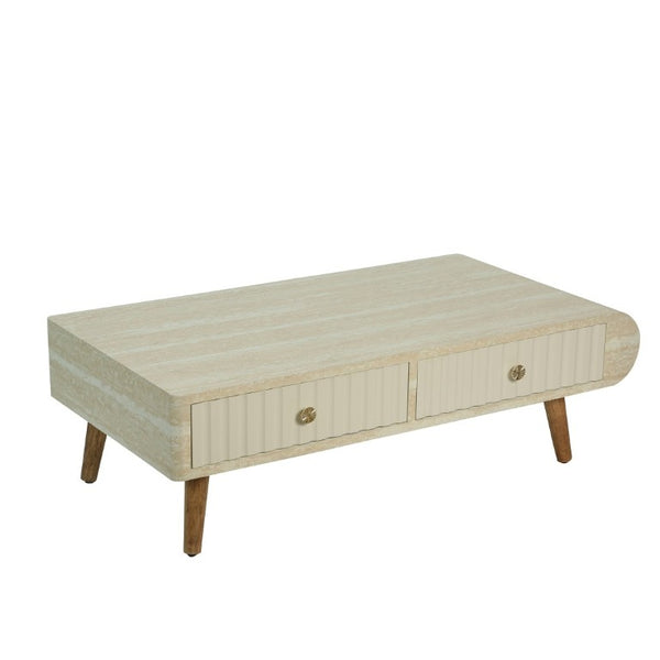 English Elm Coffee Table Faux Marble Top Fluted Drawer Solid Wood Legs Mid Century Living Room W3040P510483