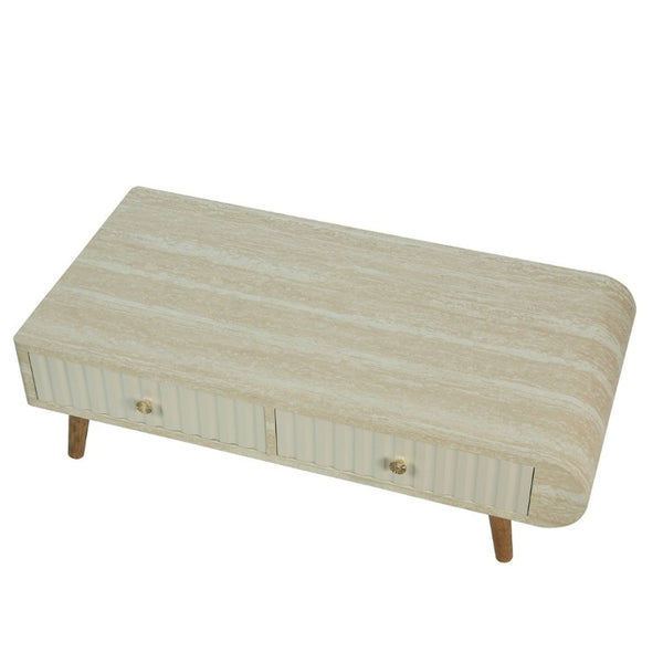 English Elm Coffee Table Faux Marble Top Fluted Drawer Solid Wood Legs Mid Century Living Room W3040P510483