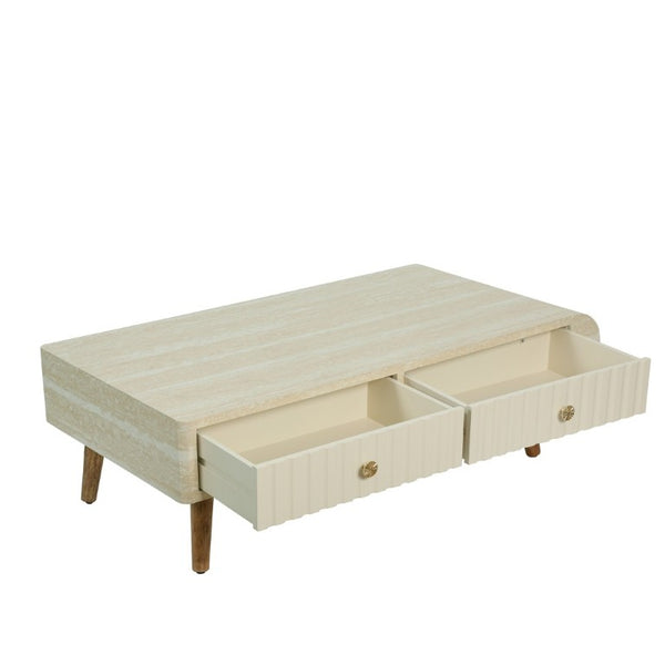 English Elm Coffee Table Faux Marble Top Fluted Drawer Solid Wood Legs Mid Century Living Room W3040P510483