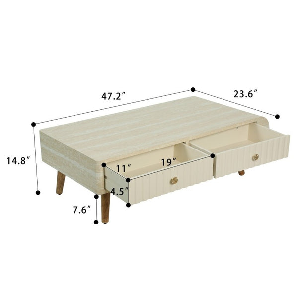 English Elm Coffee Table Faux Marble Top Fluted Drawer Solid Wood Legs Mid Century Living Room W3040P510483