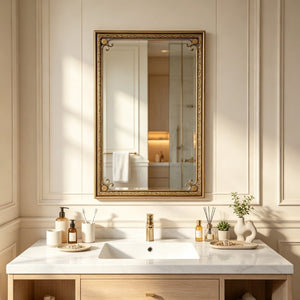 English Elm Gold Iron Framed Rectangle Wall Mirror Rounded Corners Bathroom Vanity Accent Piece W3040P525599