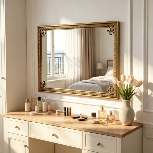 English Elm Gold Iron Framed Rectangle Wall Mirror Rounded Corners Bathroom Vanity Accent Piece W3040P525599