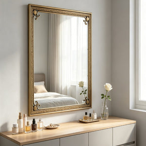 English Elm Gold Iron Framed Rectangle Wall Mirror Rounded Corners Bathroom Vanity Accent Piece W3040P525599