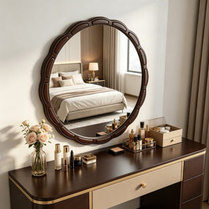 English Elm Round Hand-Carved Solid Wood Wall Mirror Rustic Bohemian Farmhouse Accent Piece Walnut Brown W3040P529540