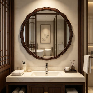 English Elm Round Hand-Carved Solid Wood Wall Mirror Rustic Bohemian Farmhouse Accent Piece Walnut Brown W3040P529540
