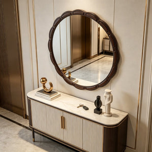 English Elm Round Hand-Carved Solid Wood Wall Mirror Rustic Bohemian Farmhouse Accent Piece Walnut Brown W3040P529540