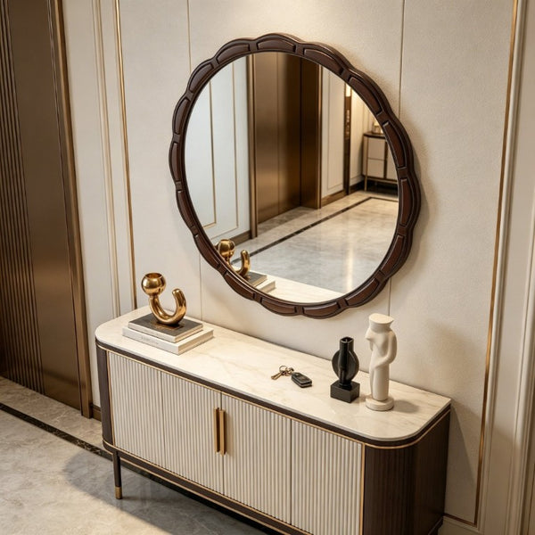 English Elm Round Hand-Carved Solid Wood Wall Mirror Rustic Bohemian Farmhouse Accent Piece Walnut Brown W3040P529540