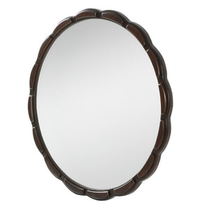 English Elm Round Hand-Carved Solid Wood Wall Mirror Rustic Bohemian Farmhouse Accent Piece Walnut Brown W3040P529540