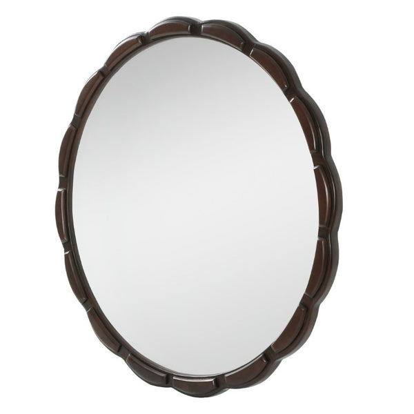 English Elm Round Hand-Carved Solid Wood Wall Mirror Rustic Bohemian Farmhouse Accent Piece Walnut Brown W3040P529540