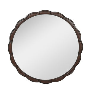 English Elm Round Hand-Carved Solid Wood Wall Mirror Rustic Bohemian Farmhouse Accent Piece Walnut Brown W3040P529540
