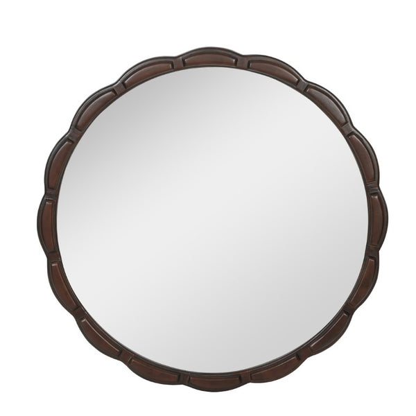 English Elm Round Hand-Carved Solid Wood Wall Mirror Rustic Bohemian Farmhouse Accent Piece Walnut Brown W3040P529540