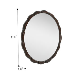 English Elm Round Hand-Carved Solid Wood Wall Mirror Rustic Bohemian Farmhouse Accent Piece Walnut Brown W3040P529540
