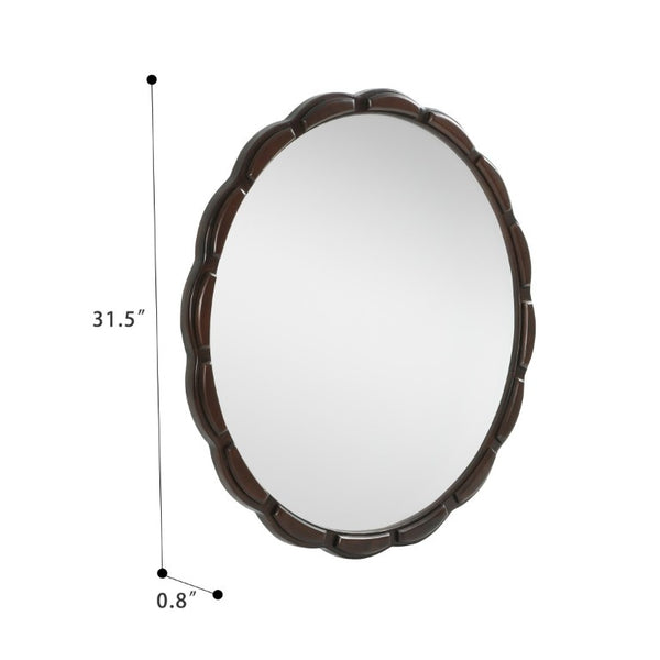 English Elm Round Hand-Carved Solid Wood Wall Mirror Rustic Bohemian Farmhouse Accent Piece Walnut Brown W3040P529540