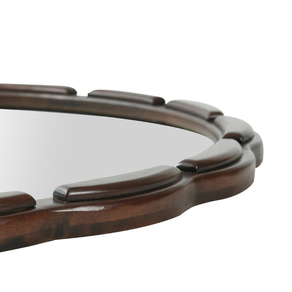 English Elm Round Hand-Carved Solid Wood Wall Mirror Rustic Bohemian Farmhouse Accent Piece Walnut Brown W3040P529540