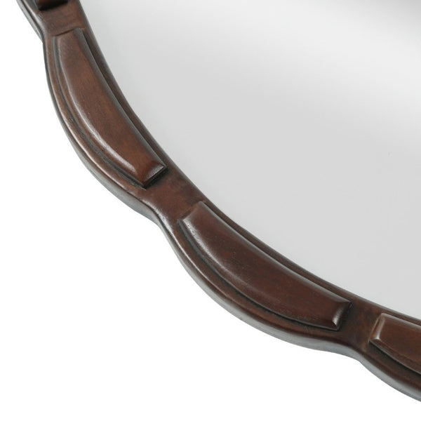 English Elm Round Hand-Carved Solid Wood Wall Mirror Rustic Bohemian Farmhouse Accent Piece Walnut Brown W3040P529540
