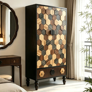 English Elm 60 Inch Tall Accent Cabinet Honeycomb Mosaic Doors Ash Wood Finish Pinewood Legs W3040P529833