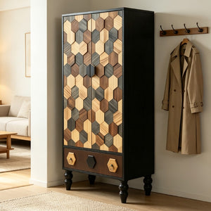 English Elm 60 Inch Tall Accent Cabinet Honeycomb Mosaic Doors Ash Wood Finish Pinewood Legs W3040P529833