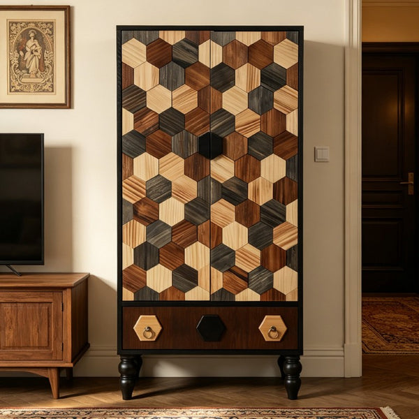 English Elm 60 Inch Tall Accent Cabinet Honeycomb Mosaic Doors Ash Wood Finish Pinewood Legs W3040P529833
