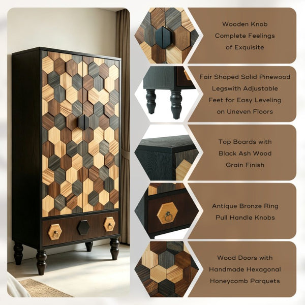 English Elm 60 Inch Tall Accent Cabinet Honeycomb Mosaic Doors Ash Wood Finish Pinewood Legs W3040P529833
