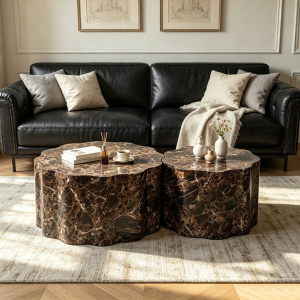 English Elm Set of 2 Round Nesting Tables Faux Travertine Top Modern Living Room Accent Pair W3040P531639