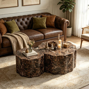 English Elm Set of 2 Round Nesting Tables Faux Travertine Top Modern Living Room Accent Pair W3040P531639