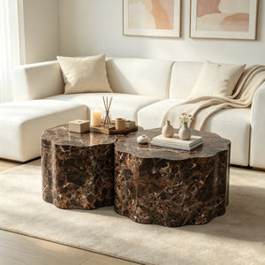 English Elm Set of 2 Round Nesting Tables Faux Travertine Top Modern Living Room Accent Pair W3040P531639