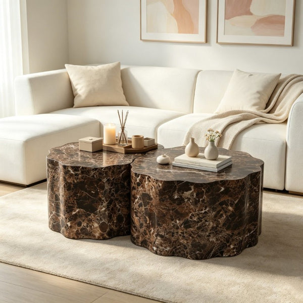 English Elm Set of 2 Round Nesting Tables Faux Travertine Top Modern Living Room Accent Pair W3040P531639