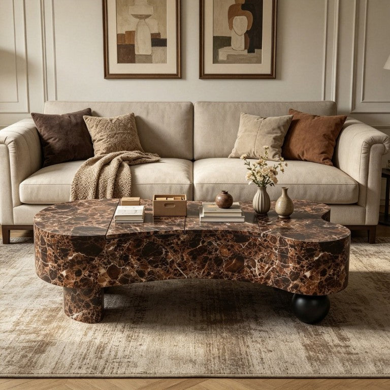 English Elm Faux Travertine Lift Top Coffee Table with Fluted Base and Walnut Toned Storage W3040P531642