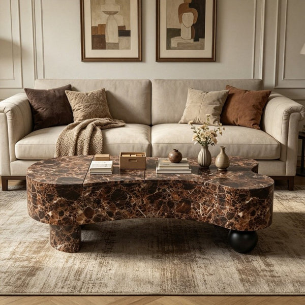 English Elm Faux Travertine Lift Top Coffee Table with Fluted Base and Walnut Toned Storage W3040P531642