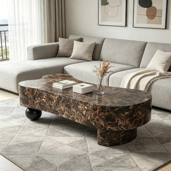 English Elm Faux Travertine Lift Top Coffee Table with Fluted Base and Walnut Toned Storage W3040P531642