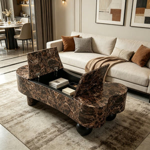 English Elm Faux Travertine Lift Top Coffee Table with Fluted Base and Walnut Toned Storage W3040P531642