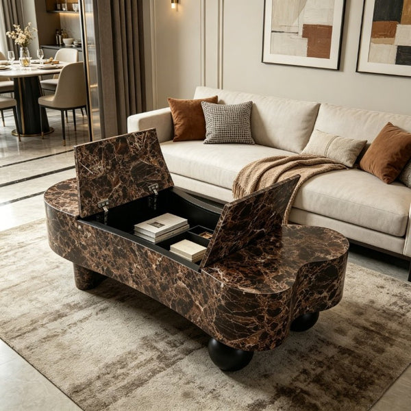 English Elm Faux Travertine Lift Top Coffee Table with Fluted Base and Walnut Toned Storage W3040P531642