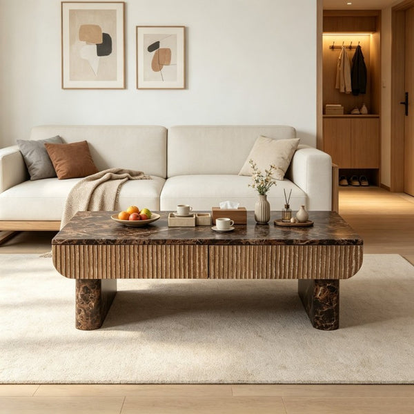 English Elm 47 Inch Rectangular Coffee Table Faux Marble Top Fluted Drawer Mid-Century Living Room W3040P533905