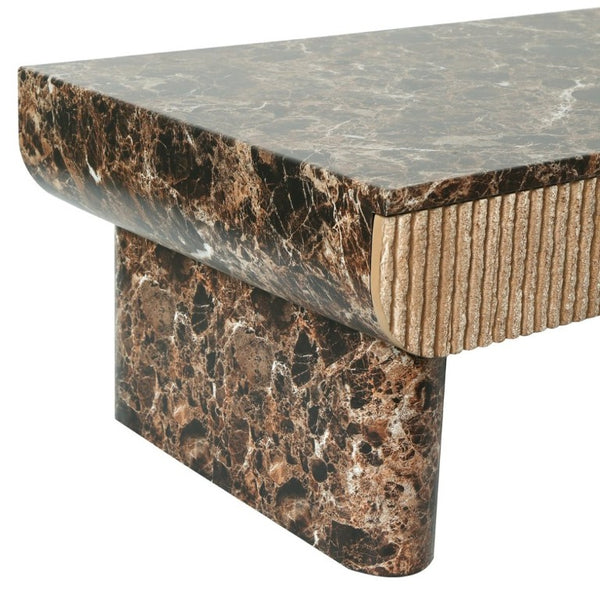 English Elm 47 Inch Rectangular Coffee Table Faux Marble Top Fluted Drawer Mid-Century Living Room W3040P533905