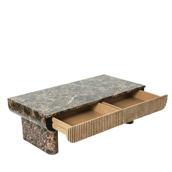 English Elm 47 Inch Rectangular Coffee Table Faux Marble Top Fluted Drawer Mid-Century Living Room W3040P533905