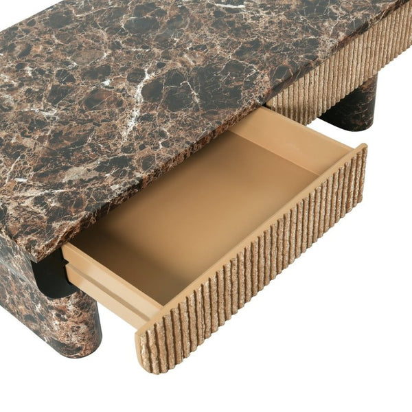 English Elm 47 Inch Rectangular Coffee Table Faux Marble Top Fluted Drawer Mid-Century Living Room W3040P533905