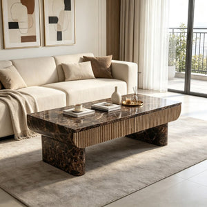 English Elm 47 Inch Rectangular Coffee Table Faux Marble Top Fluted Drawer Mid-Century Living Room W3040P533905
