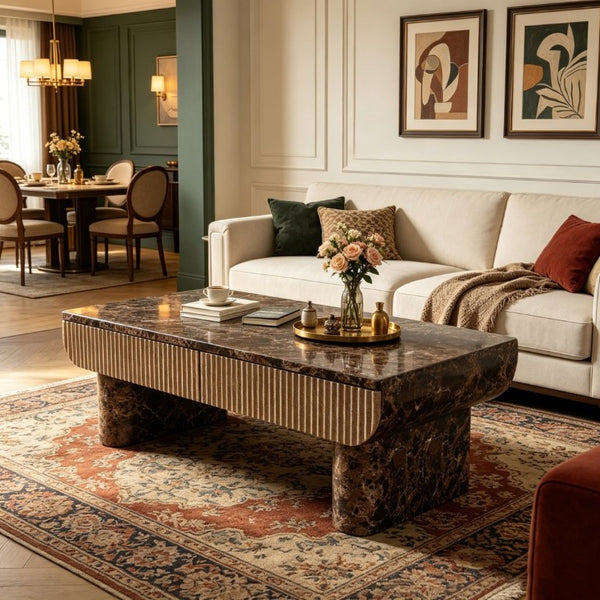 English Elm 47 Inch Rectangular Coffee Table Faux Marble Top Fluted Drawer Mid-Century Living Room W3040P533905