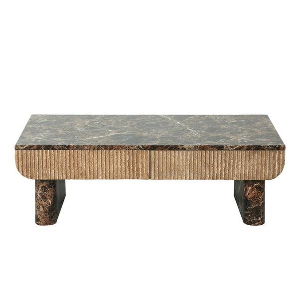 English Elm 47 Inch Rectangular Coffee Table Faux Marble Top Fluted Drawer Mid-Century Living Room W3040P533905