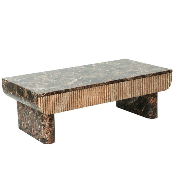 English Elm 47 Inch Rectangular Coffee Table Faux Marble Top Fluted Drawer Mid-Century Living Room W3040P533905