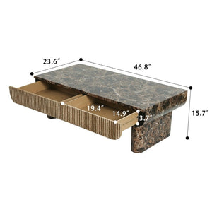 English Elm 47 Inch Rectangular Coffee Table Faux Marble Top Fluted Drawer Mid-Century Living Room W3040P533905