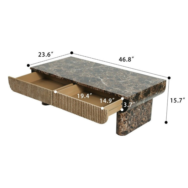 English Elm 47 Inch Rectangular Coffee Table Faux Marble Top Fluted Drawer Mid-Century Living Room W3040P533905