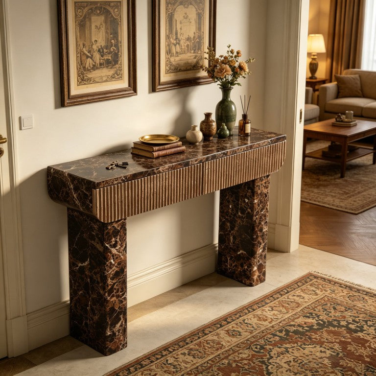 English Elm Entryway Console Table Faux Travertine Top Fluted Drawers Slim Walnut Base Hallway W3040P566648