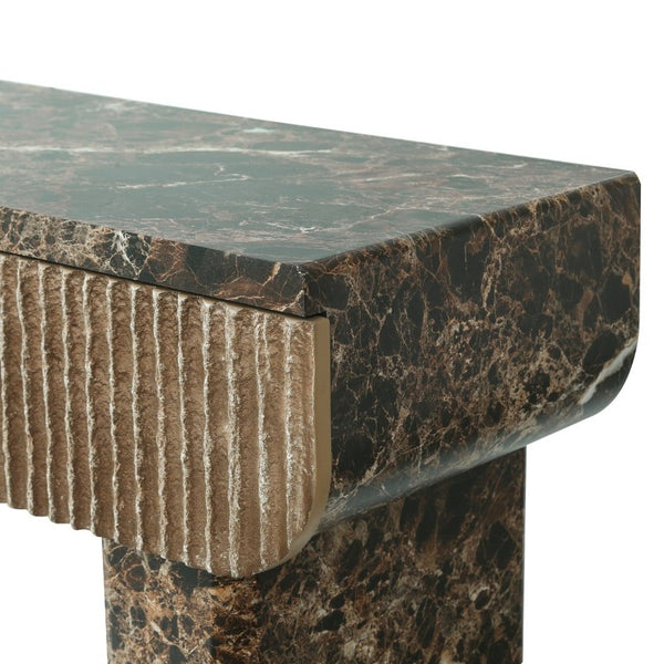 English Elm Entryway Console Table Faux Travertine Top Fluted Drawers Slim Walnut Base Hallway W3040P566648
