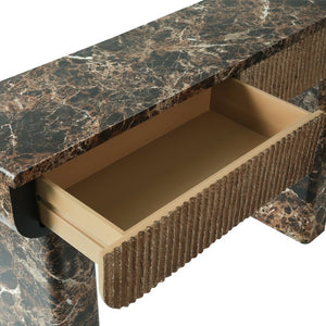 English Elm Entryway Console Table Faux Travertine Top Fluted Drawers Slim Walnut Base Hallway W3040P566648