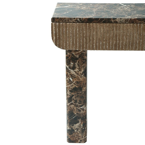 English Elm Entryway Console Table Faux Travertine Top Fluted Drawers Slim Walnut Base Hallway W3040P566648
