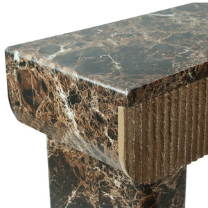 English Elm Entryway Console Table Faux Travertine Top Fluted Drawers Slim Walnut Base Hallway W3040P566648
