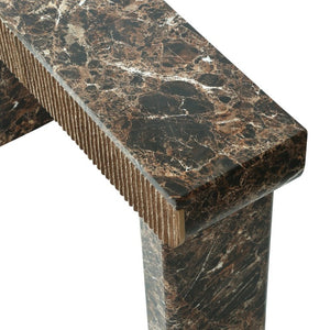 English Elm Entryway Console Table Faux Travertine Top Fluted Drawers Slim Walnut Base Hallway W3040P566648